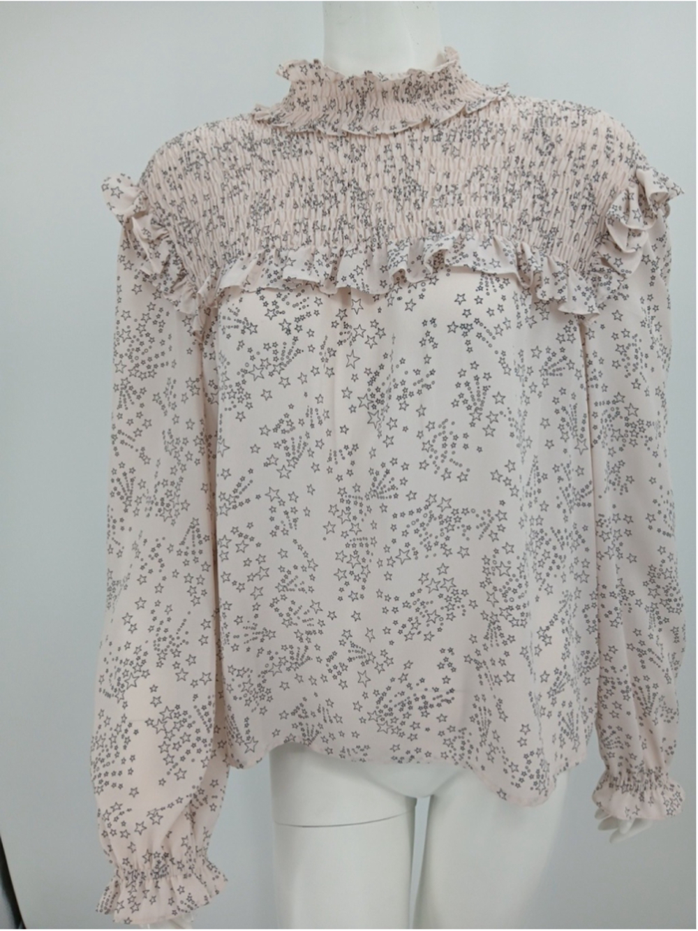 Rebecca Minkoff Sharon Star Print Mockneck Blouse Top Pale Pink Size XL Chiffon - Picture 16 of 16